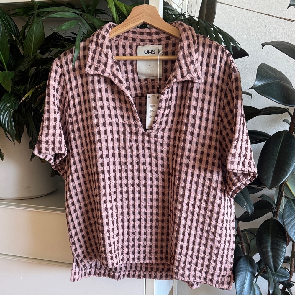 OAS Pink and Black Textured Short Sleeve Shirt